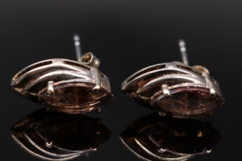Silver ear studs with navette shaped smoky quartz