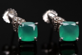 Silver ear studs with green chalcedonies