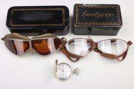 WWI two pilots' goggles and a "LIP" pocket watch