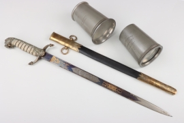 Royal Navy dagger and two pewter mugs