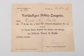4.Unter-Els. Infanterie Regiment Nr. 143 - Certificate to 1914 Iron cross 2nd class