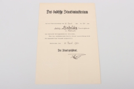 Baden - Live Saving Medal certificate 1926