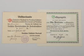 Bertram, Otto - Free Balloon Pilot's Badge in Gold certificate & honorary award of the city of zwickau certificate