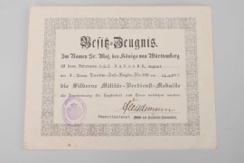 Württemberg - Silver Military Merit Medal certificate