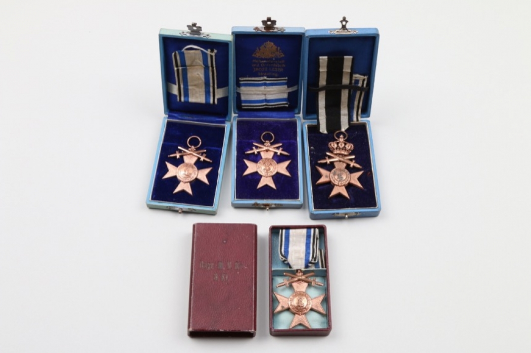 4 cased Bavarian Military Merit Crosses 3rd Class with swords