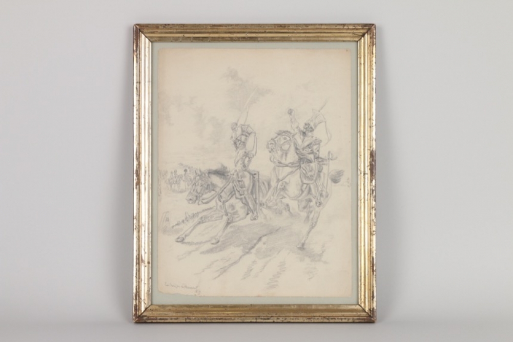 Szene aus den napoleonischen Kriegen, Bleistiftzeichnung, Frankreich um 1900