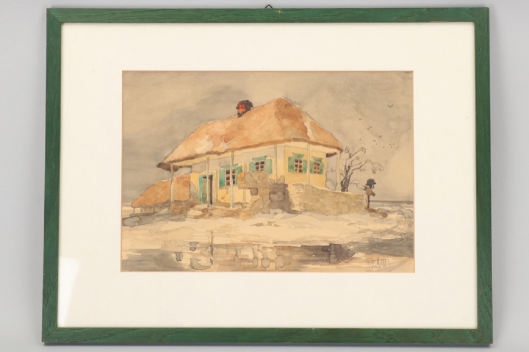 1942 aquarell "Ukrainian farmhouse"