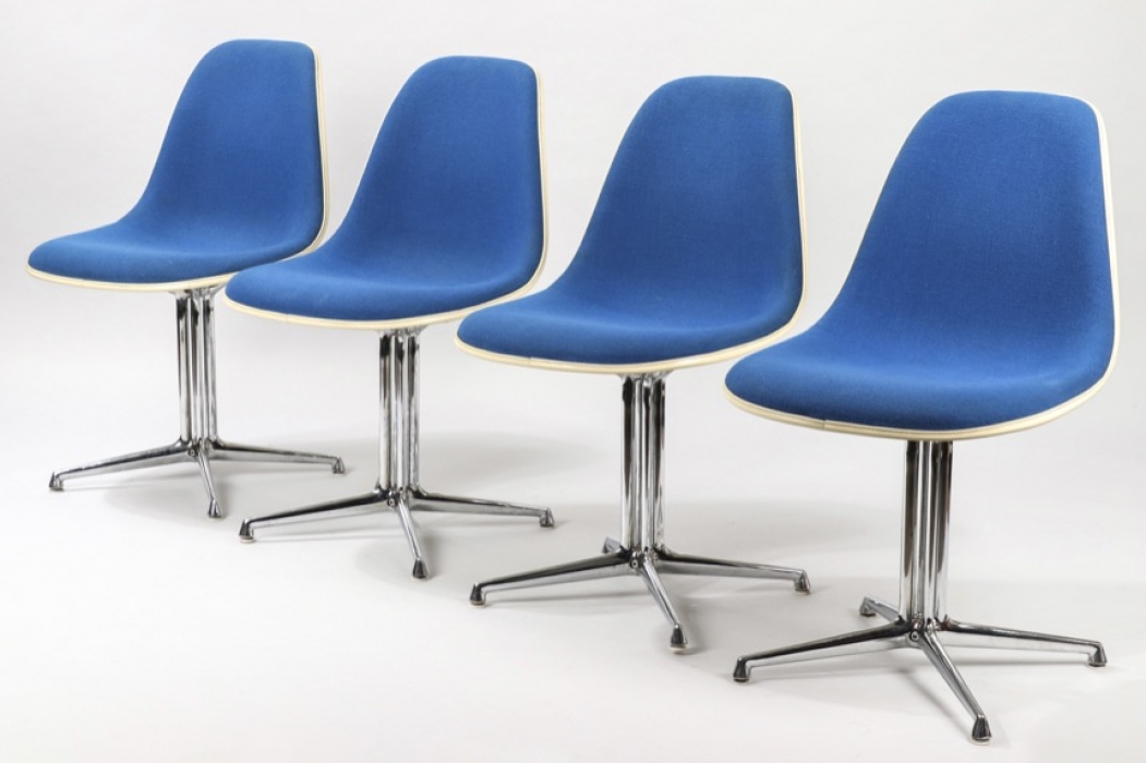Set Of Four Blue Fiberglas La Fonda Chair // Charles and Ray Eames