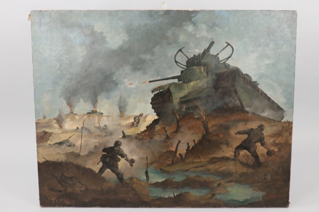 1943/44 impressive oil of a "Panzerschlacht" tank battle (Otto Bloss)