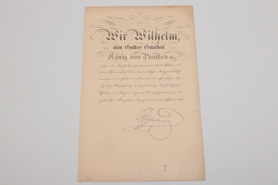 Certificate to 1870 Iron Cross 2nd Class