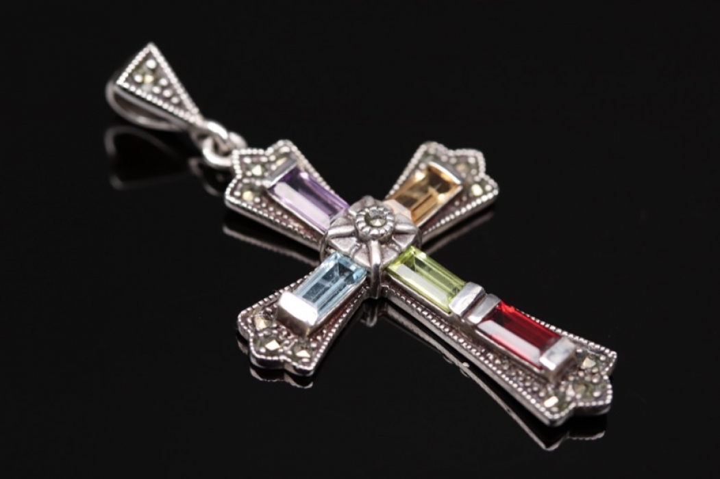 Cross pendant with a variety of gemstones