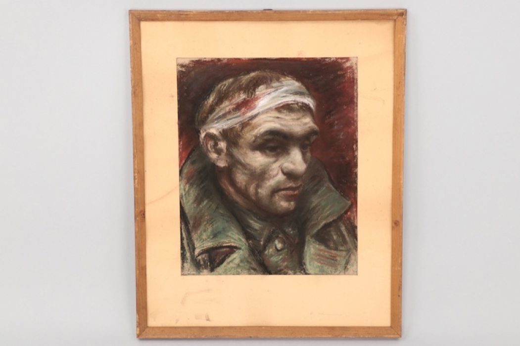 1943 chalk drawing of a wounded German soldier
