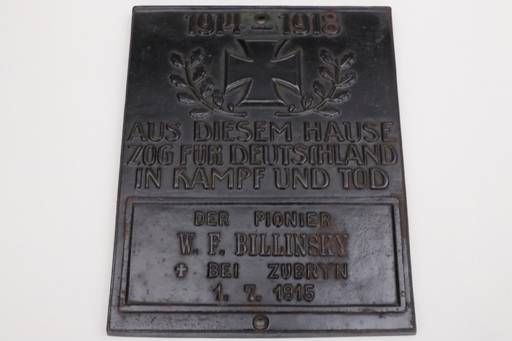 WWI commemorative plate to Pionier W.F. Billinsky