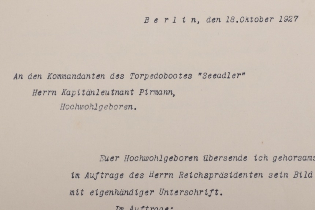 Pirmann, Adolf - Torpedoboot "Seeadler" signed letter