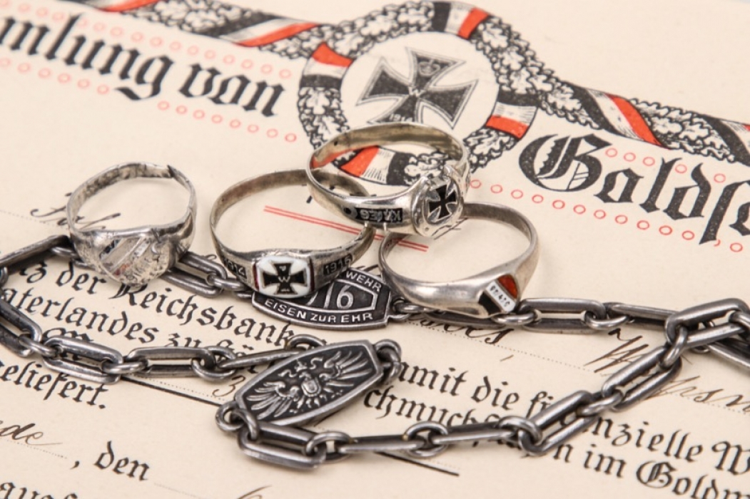 6 + WWI certificate, patriotic rings &  watch chain