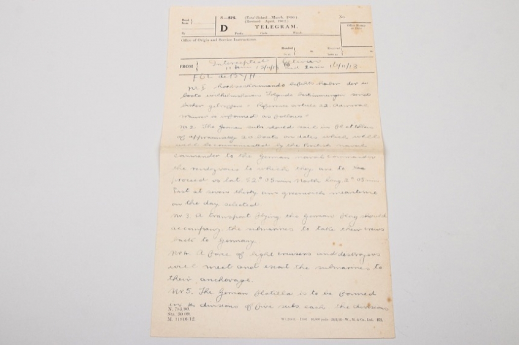 Imperial Germany - Important telegram to the "Befehlshaber der U-Boote" "Kapitulation 1918"