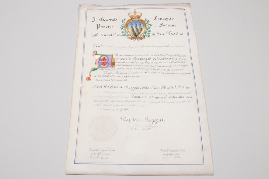 Certificate of the Grand Cross of the Order of Knights of San Marino to Bismarck