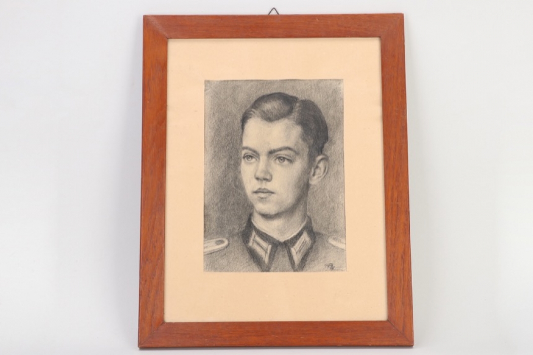 1943 framed charcoal drawing of a Leutnant