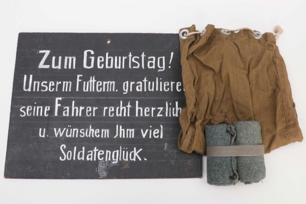 Wehrmacht gaiters, cloth  bag & commemorative sign