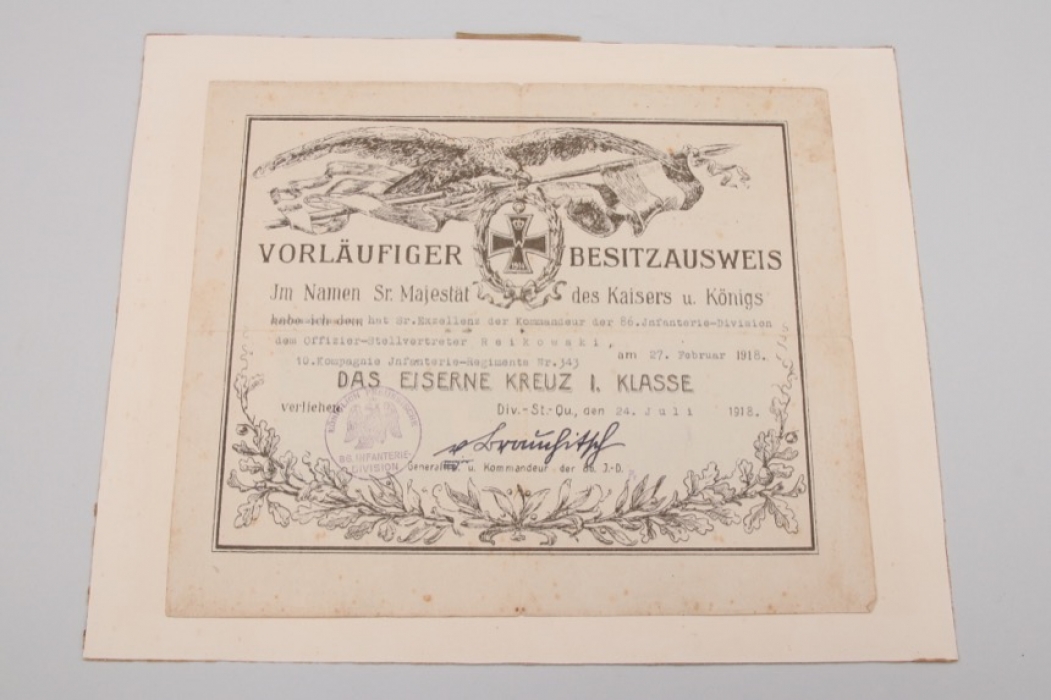 Certificate to 1914 Iron Cross 1st Class