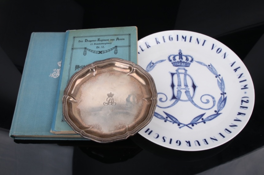 Dragoner-Regiment von Arnim porcelain plate + 2 books & silver plate