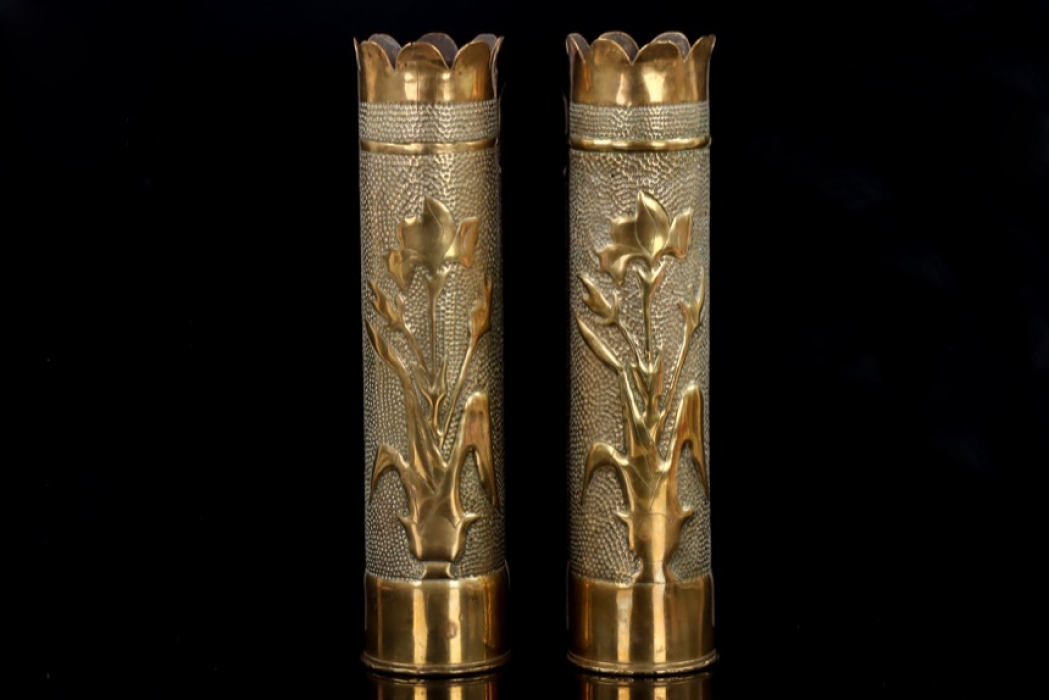 WWI trench art - two flower vases, made from shells