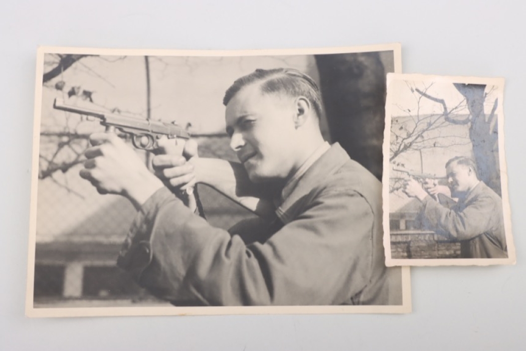 Two photos of a gunsmith with self-constructed gun - 1938