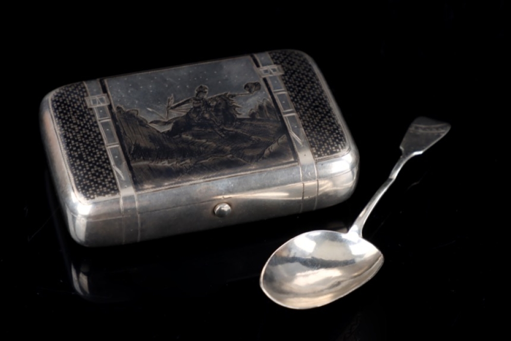 Russian Empire - Silver cigarette case and a spoon