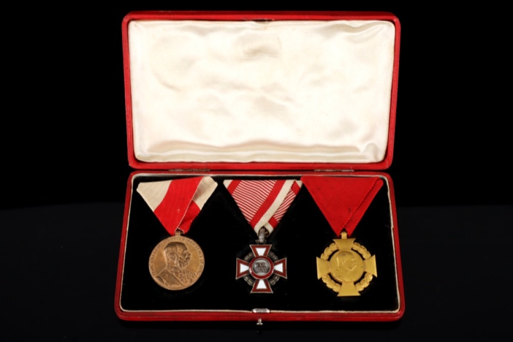 Austria - three medals cased , within Military Merit Cross 3.class with war decoration