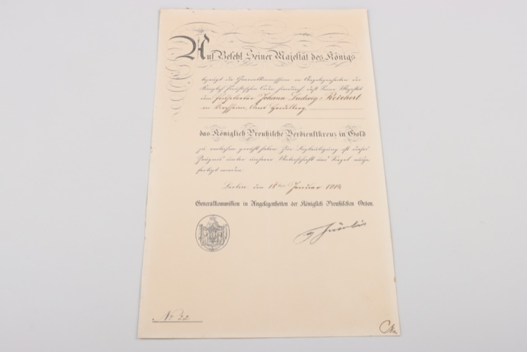 Royal Prussian Merit Cross in gold certificate