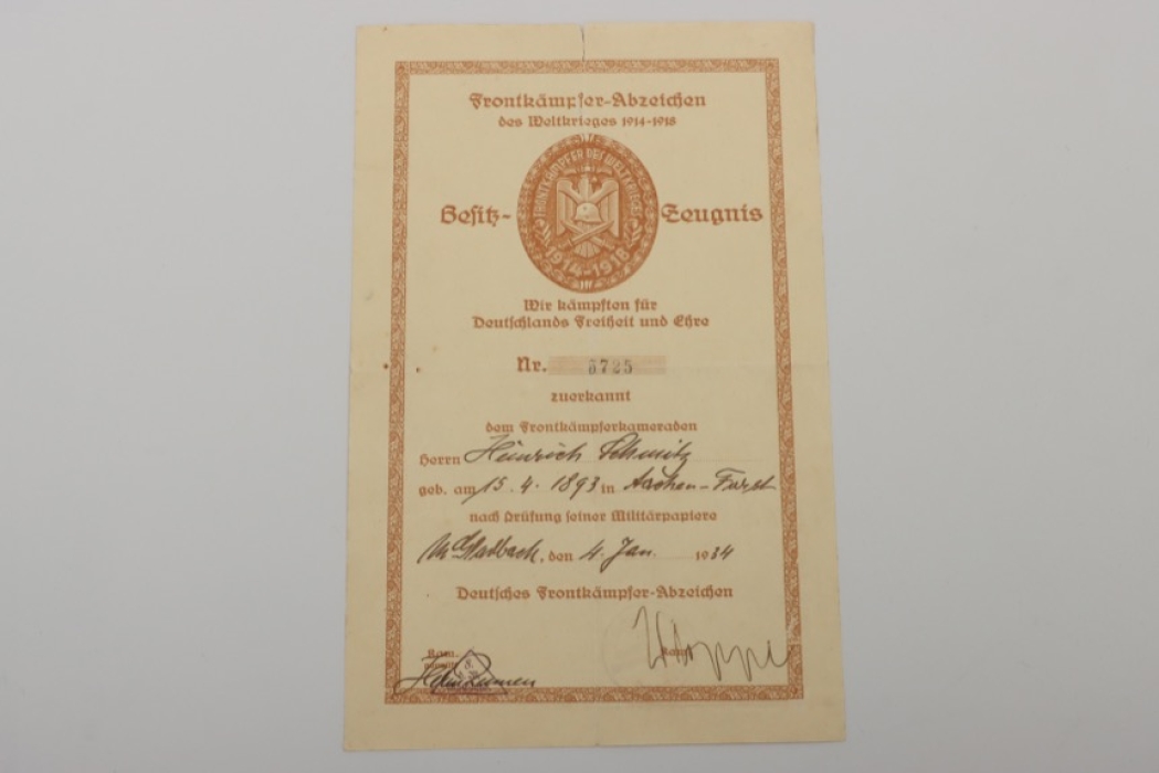 Ehrenzeichen Frontkämpfer des Weltkrieges 1914-1918 e.V certificate