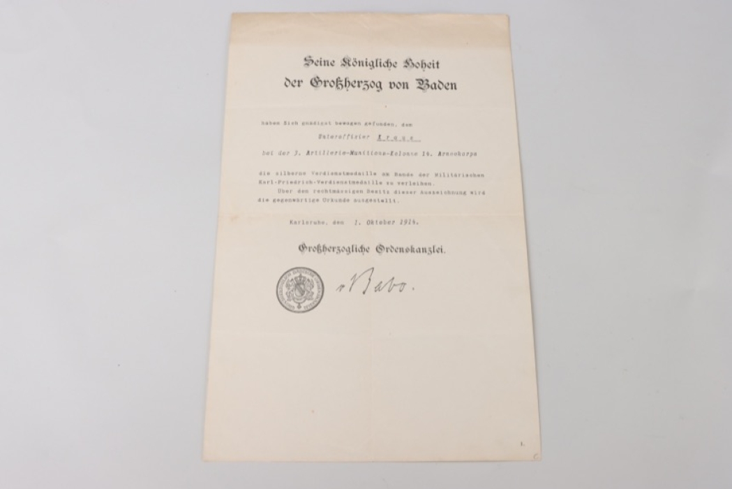 Baden - Military Karl-Friedrich Merit Order Silver Medal certificate