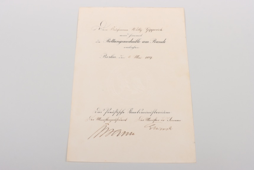 Prussia - Rettungsmedaille certificate from 1927