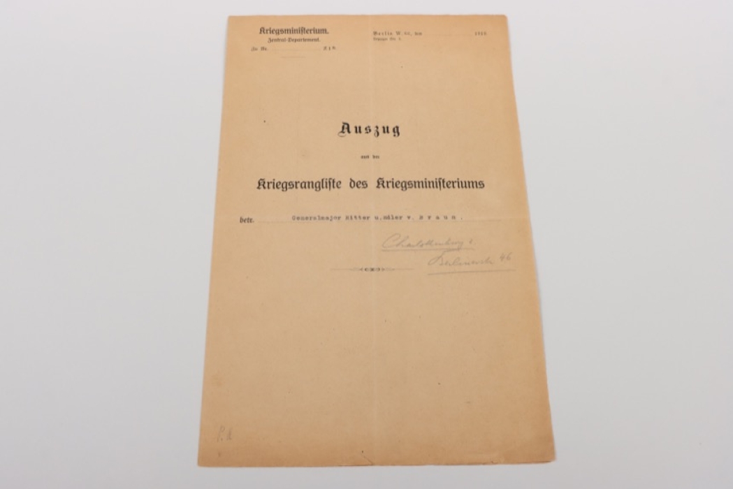 von Braun, Johann - "Kriegsrangliste" document