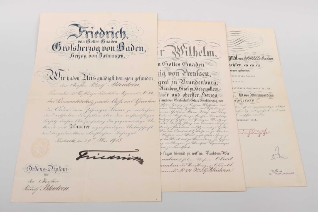 Bleidorn, Rudolf - Kommandeur Feld.Art.Rgt.84 - Komturkreuz Zähringer Löwe + Komturkreuz Albrechtorden certificate grouping