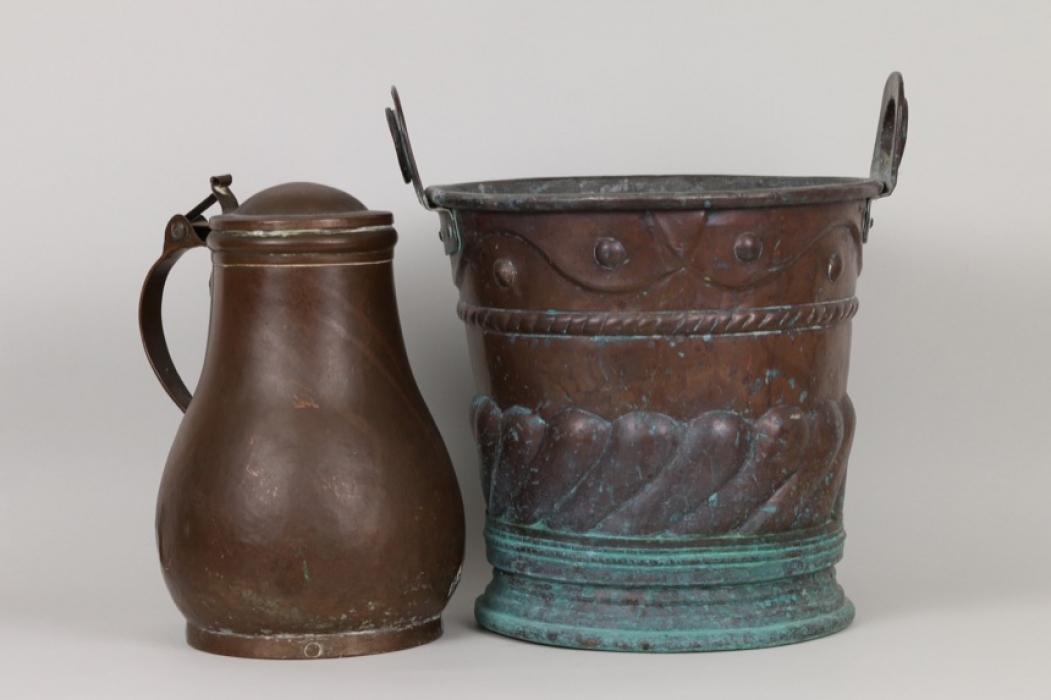 Birnkanne und Eimer aus Kupfer, süddeutsch um 1800