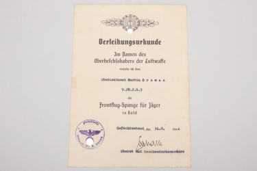 Drewes, Martin - certificate to Squadron Clasp for Jäger in gold & photos