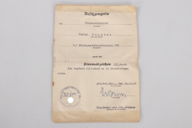 Certificate to General Assault Badge "50" - Stuga-Abt. 189