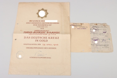 Brandt, Hans-August - German Cross in Gold certificate + pages from his Soldbuch