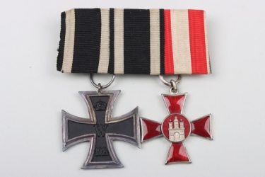 2-place medal bar - 1914 Iron Cross 2nd Class & Hamburg Hanseatic Cross