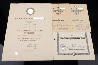 German Cross in Gold certificate grouping to KaLeu Deecke (U 584)