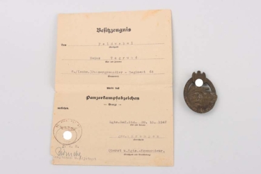 8./(schw.) Pz.Gren.Rgt.64 (Destroyed in Stalingrad) - Tank Assault Badge in Bronze with certificate