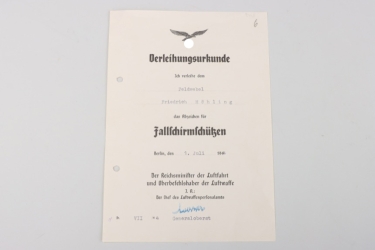 Certificate to Luftwaffe Paratrooper Badge