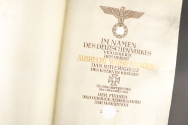 Oberst Albrecht Wüstenhagen - Award Document to the Knight's Cross of the Iron Cross