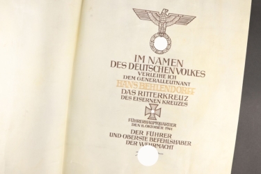 Generalleutnant Hans Behlendorff - Award Document to the Knight's Cross of the Iron Cross