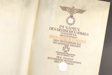 Leutnant Hans Ulrich Fischer - Award Document to the Knight's Cross of the Iron Cross