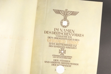 Oberleutnant d.Res Gerhard Türke - Award Document to the Knight's Cross of the Iron Cross