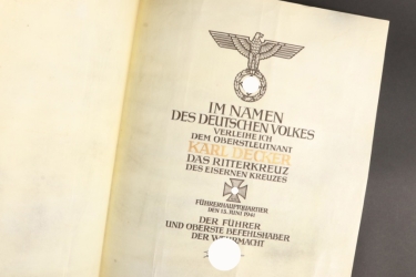 Oberstleutnant Karl Decker - Award Document to the Knight's Cross of the Iron Cross
