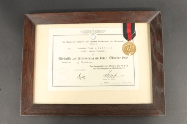 Framed Sudetenland Annexation Medal and Document
