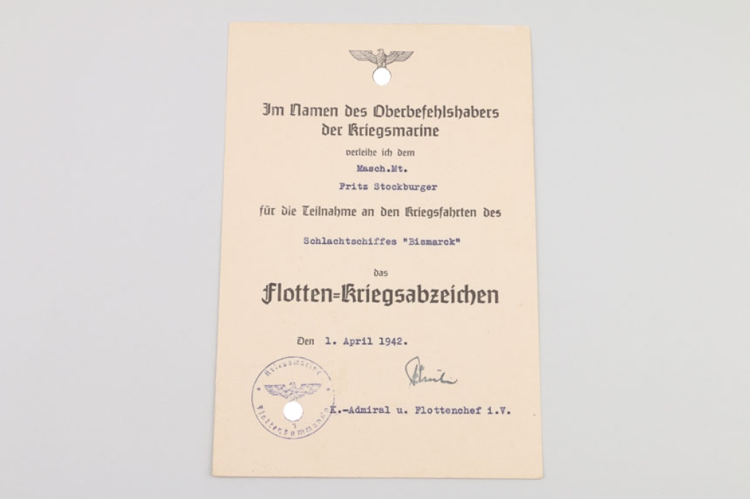 BISMARCK - certificate to High Sea Fleet Badge 